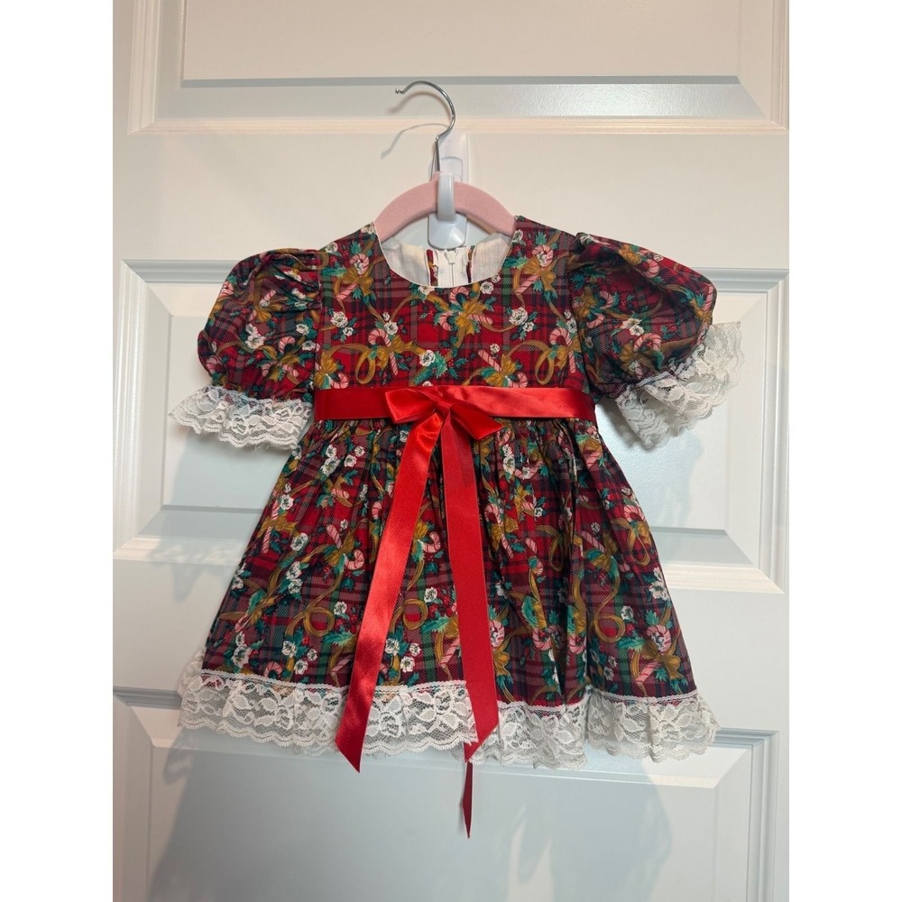 Vintage Style Girls Christmas Plaid Candy Cane Lace Trim Dress 12/18M